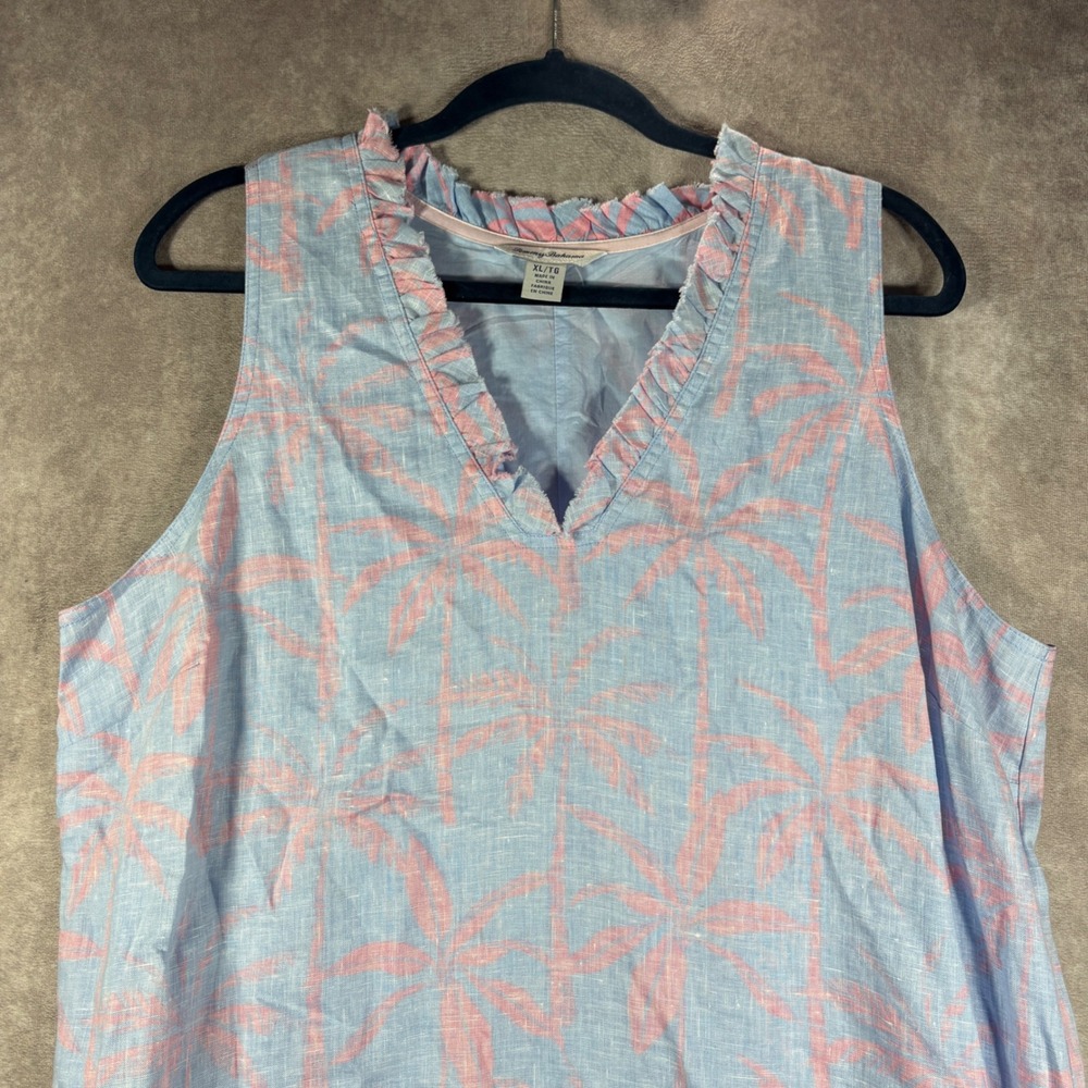 Tommy Bahama Dress Womens XL Blue Pink Palm Tree Linen Shift Ruffle Neck Resort - Picture 2 of 9